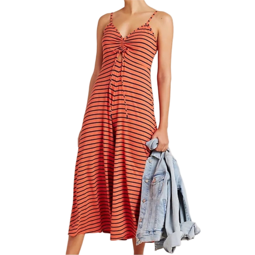Anthropologie Lissa Striped Wide Leg Jumpsuit Coral Navy Tie Front Coastal
